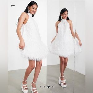 ASOS Edition Sequin Halter Feather Mini Dress in Ivory - Size 6 (runs large)
